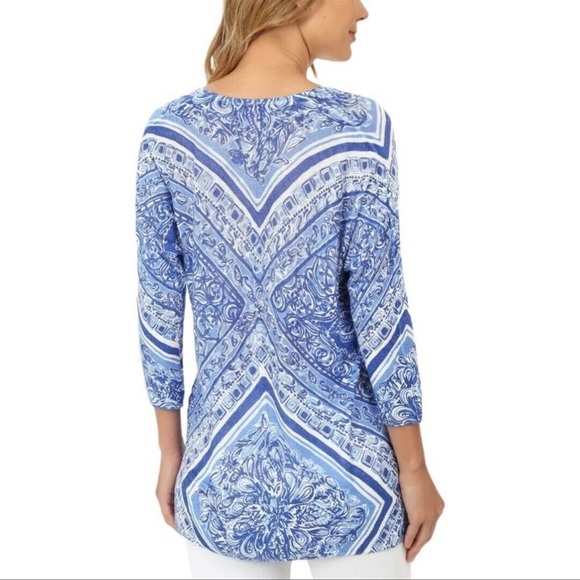 LILLY PULITZER Jameson Dolman Sleeve 100% Linen Blue Print Top Size XS/S INV - Picture 2 of 8